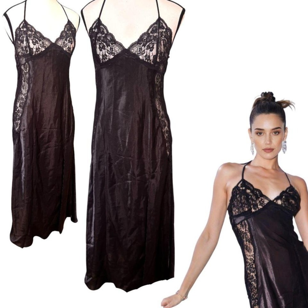 Y2K VINTAGE FREDERICKS OF HOLLYWOOD BLACK LACE SATIN MAXI GRUNGE DRESS MEDIUM - Picture 3 of 6